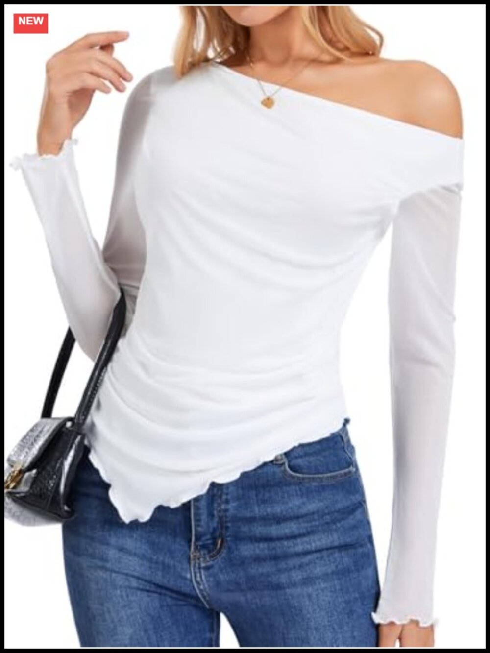 Off Shoulder Sheer Mesh Long Sleeve Ruched Top Asymmetrical Blouse